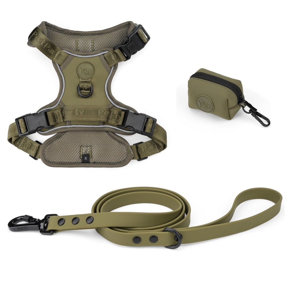 Khaki Walk Set met Y-harnas, waterproof hondenriem en poepzakhouder