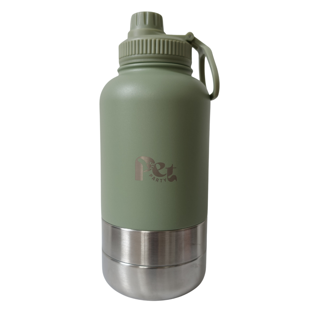 RVS honden drinkfles 3-in-1 met voer- en waterbakjes, 1000 ml, in ivoorwit, geel, lichtblauw, rood, rookroze, saliegroen en zandbruin
