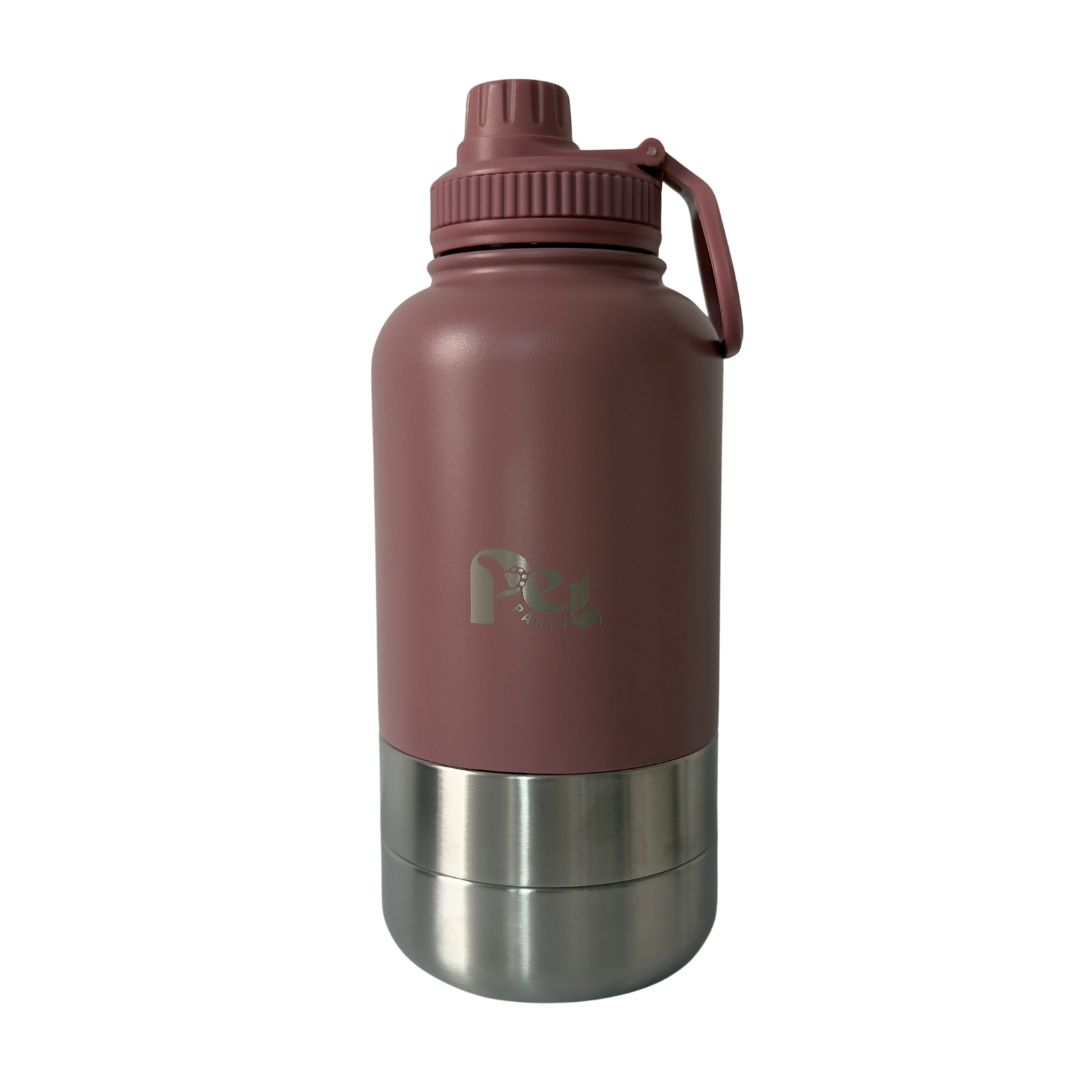 RVS honden drinkfles 3-in-1 met voer- en waterbakjes, 1000 ml, in ivoorwit, rookroze, saliegroen en zandbruin
