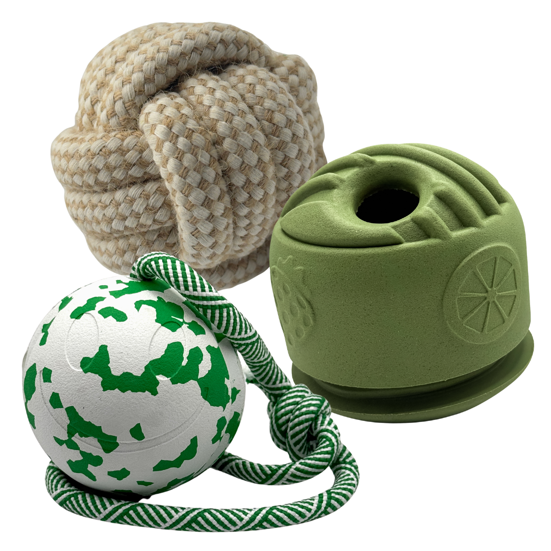 bundel met bamboobal met touw, hennep bal en snackbal van natuurlijk rubber voor honden